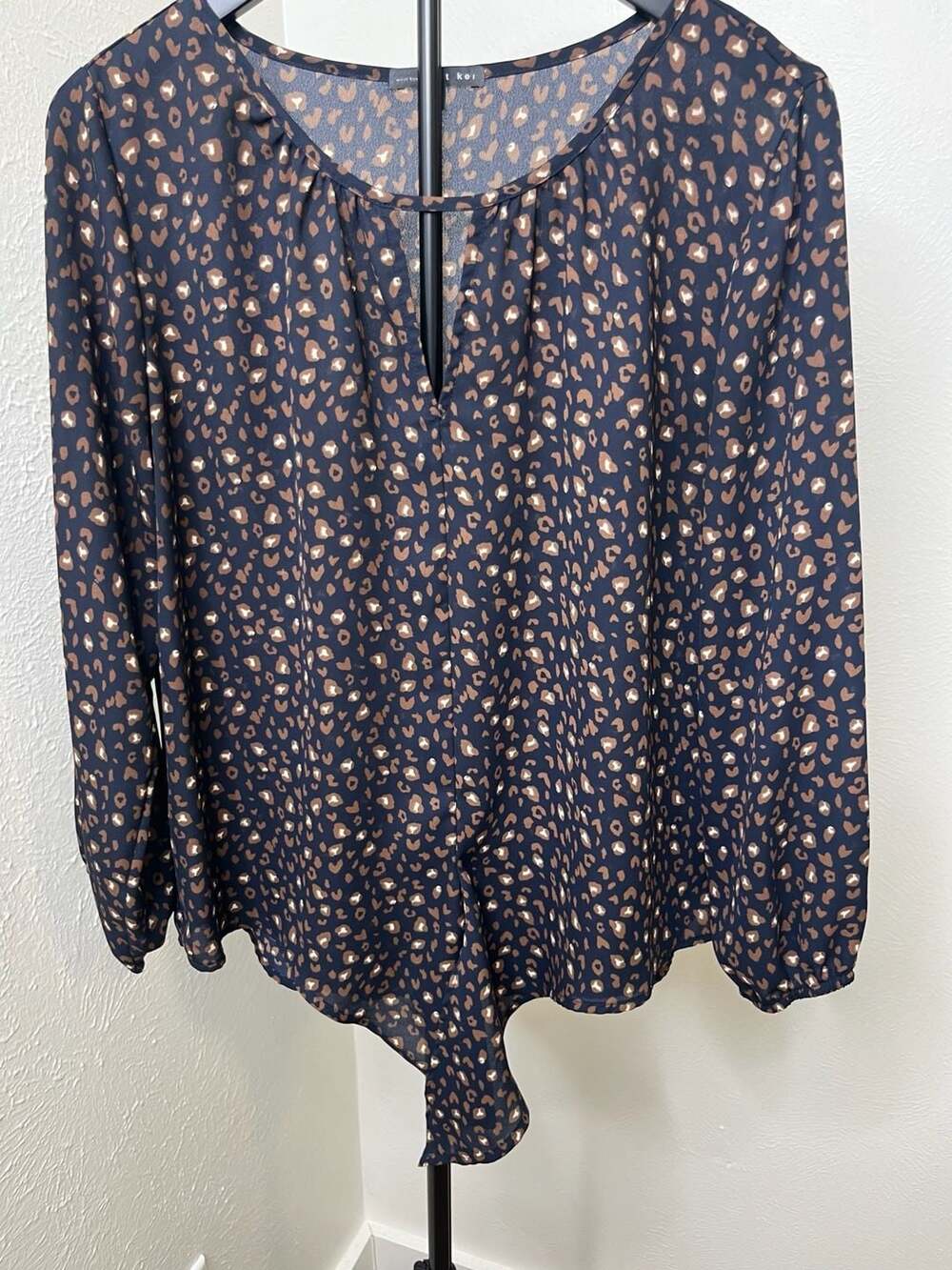 Navy Blue Leopard Animal Print Tie Front Long Sleeve Blouse Statement Top